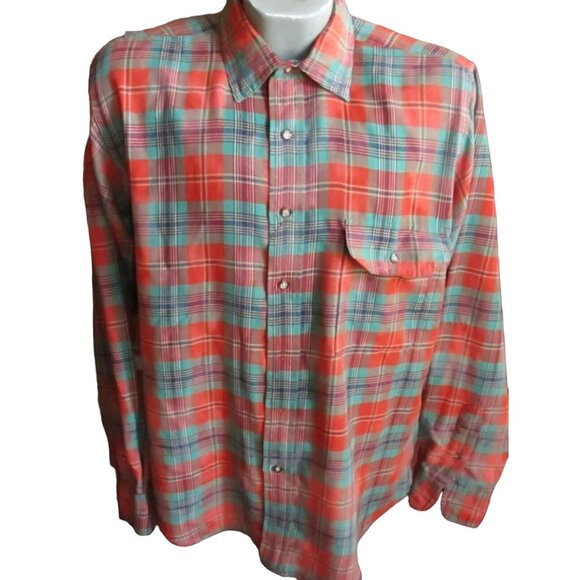 Vintage 1980s Mens Plaid Camp Shirt Bert Pulitzer Large Winter Red/Green/Rust - Picture 2 of 5
